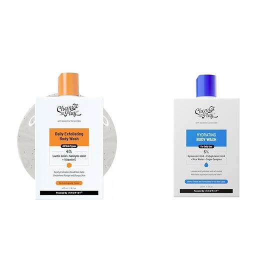 Chemist At Play 1% Salicylic Acid Exfoliating Body Wash 473ml For Men & Women + Hydrating Body Wash For Women & Men | 236ml