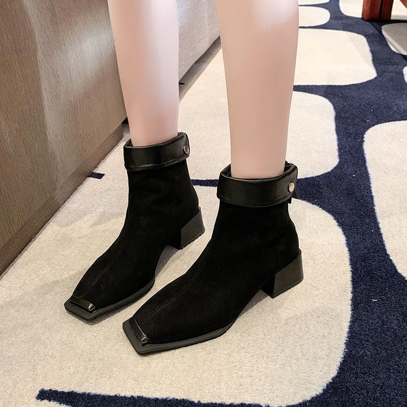 Fashion Women's Fashion Thick Heel Cotton Boots Winter New Square Head Suede Back Zipper Splicing Rivet Non-slip Short Boots