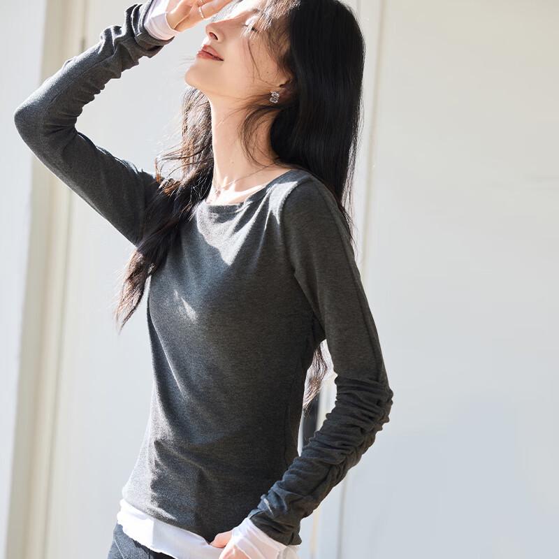 VICTORIA&VERA Women's Pleated Faux Two-Piece Long Sleeve Top