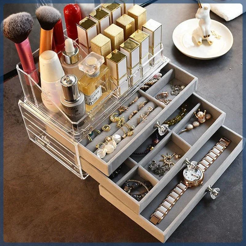 Three-drawer large capacity velvet earrings bracelet ring jewelry organizer dust oxidation jewelry box desktop models