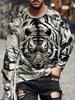 3D printed long-sleeved T-shirt, ink style, tiger, simple and versatile, casual and fashionable, comfortable and breathable