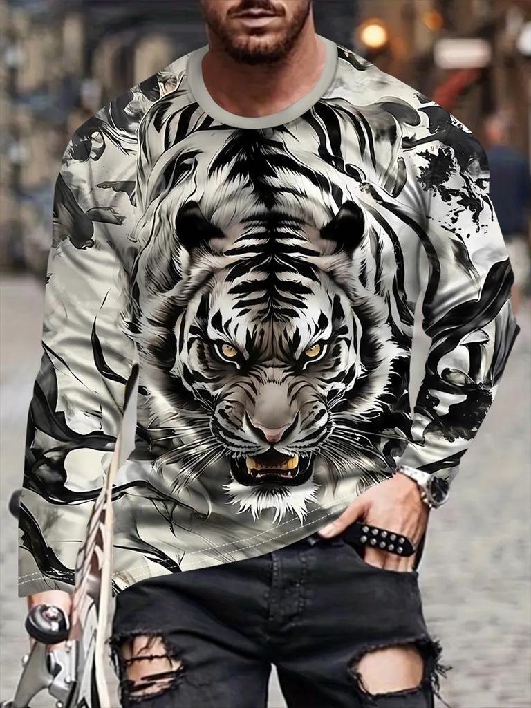 3D printed long-sleeved T-shirt, ink style, tiger, simple and versatile, casual and fashionable, comfortable and breathable