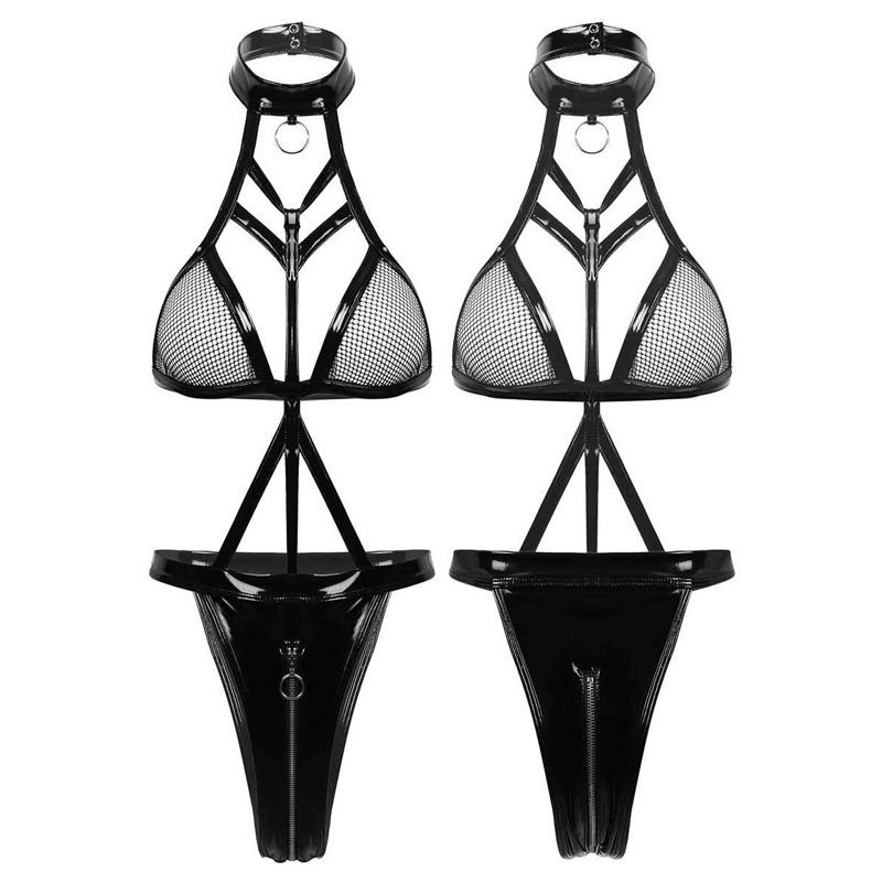 Sexy Mesh Faux Leather Cutout Zipper One-piece Bikini Sexy Underwear