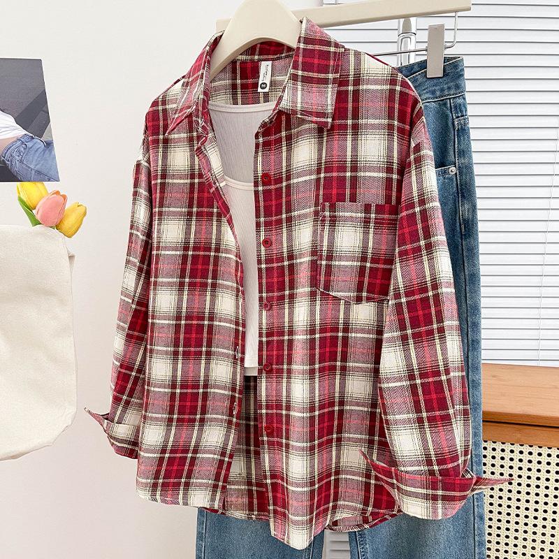 Plaid shirt women's spring and autumn new American loose trend fashion retro ruffian handsome design long-sleeved top jacket