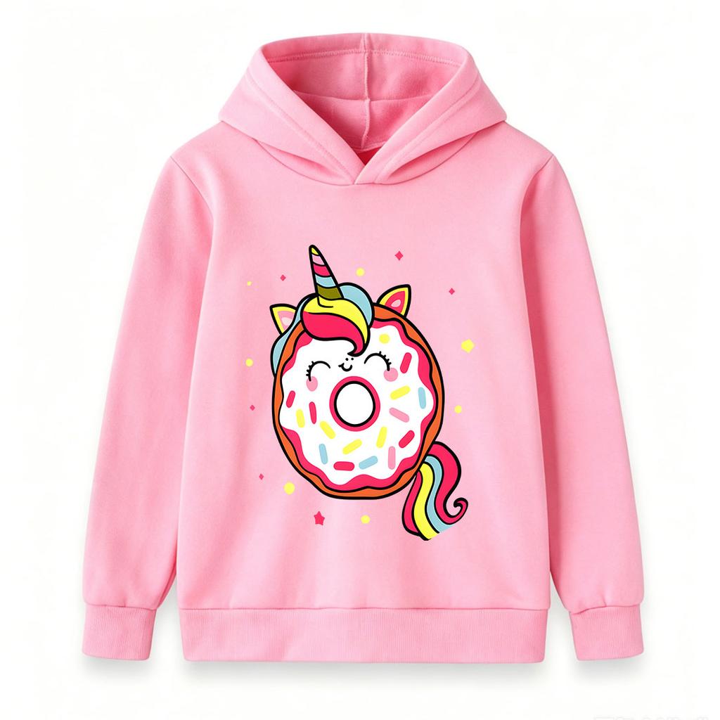 Kids Boys Girls Cute Unicorn Donut Print Pullover Hoodie Casual Long Sleeve Sweatshirt with Rainbow Sprinkles Cartoon Design for Children Daily Wear P