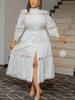 Plus Size Chic Women A Line Midi Dress Hollow Out Lace Splice Mock Neck Long Sleeve with Belt Casual Party Club Outfits