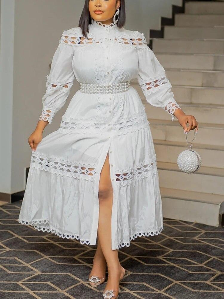 Plus Size Chic Women A Line Midi Dress Hollow Out Lace Splice Mock Neck Long Sleeve with Belt Casual Party Club Outfits