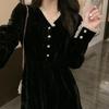French Light Luxury Retro Black Dress Herben-Style Velvet V-Neck Small Niche Slimming Temperament Long Dress