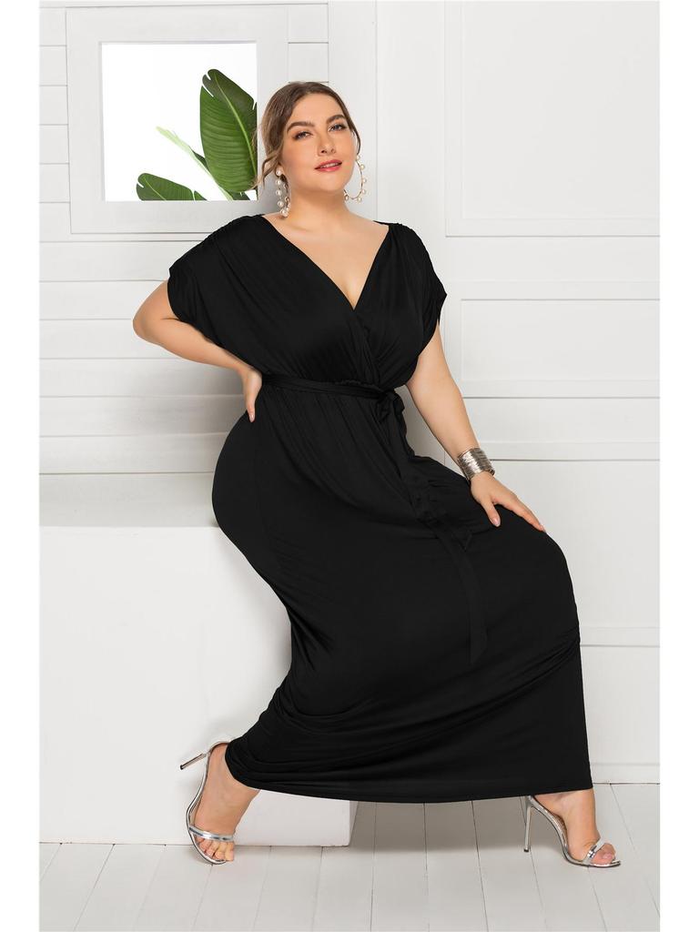 Plus Size Women’s Solid V-Neck Evening Dress, Sexy Loose Fit with Large Hem