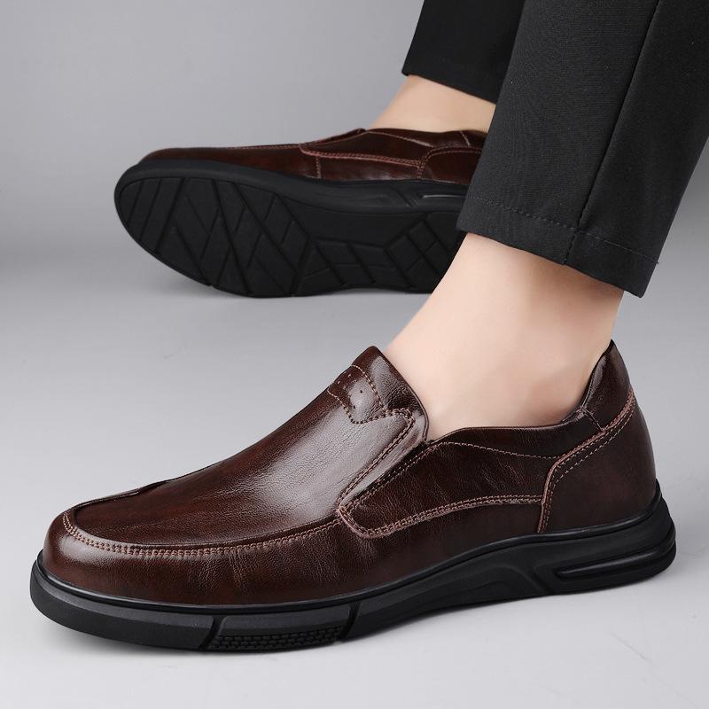 Men's Genuine Leather Cowhide Slip-On Business Casual Shoes - Non-Slip, Breathable, Soft Sole for Middle-Aged and Elderly.
