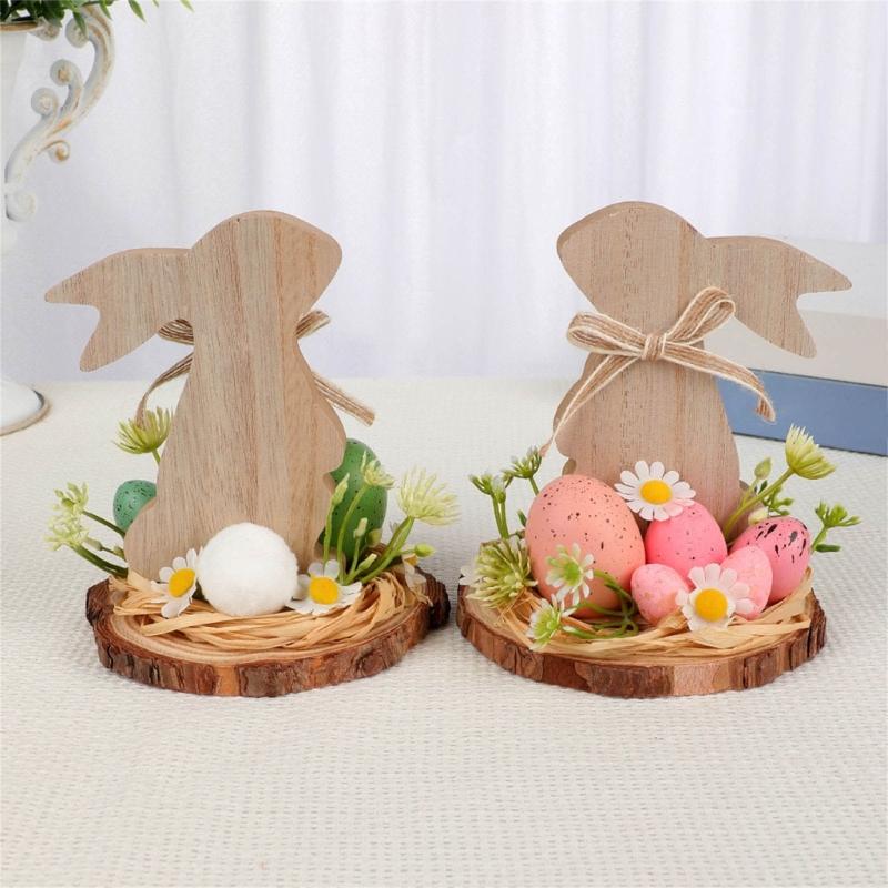 Hand Carved Wood Easter Hare Ornament Wooden Animal Figurine Festival Decoration For Mantels Tabletop Shelf Display