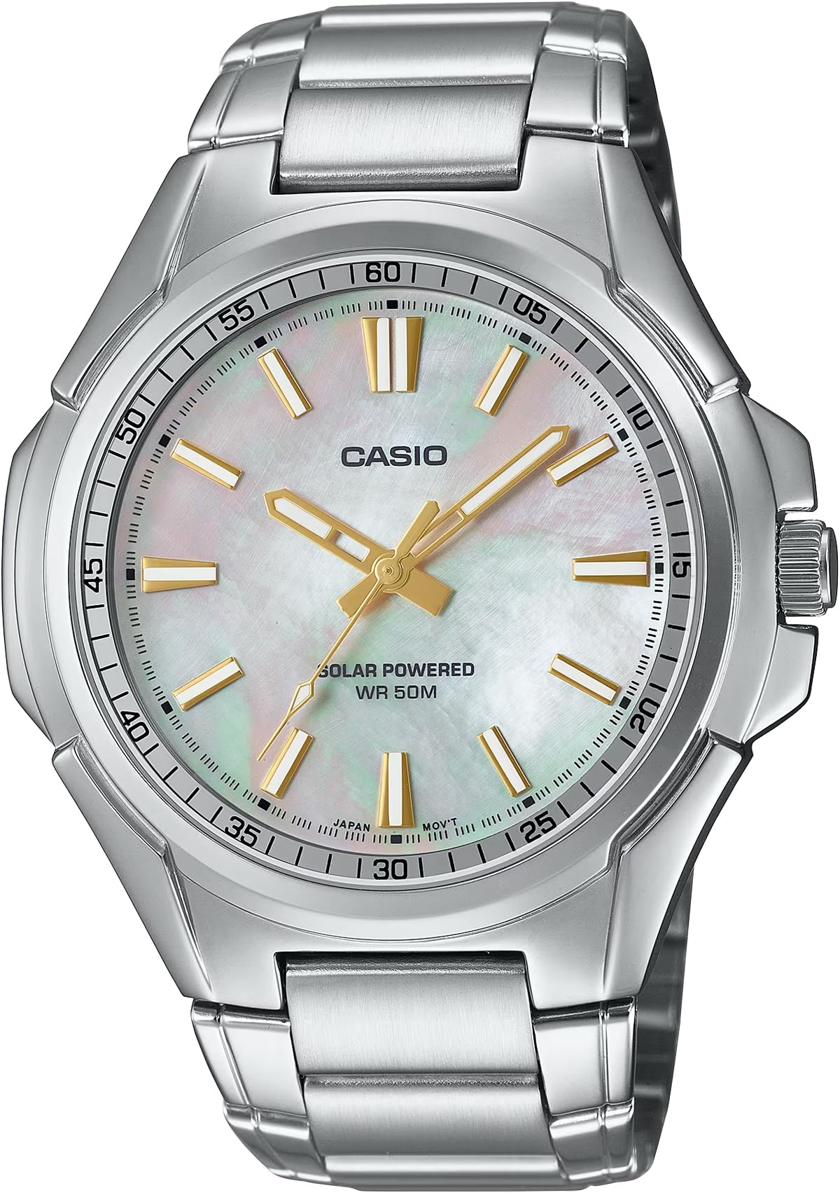 CASIO Standard Solar Analog Watch, 5 ATM Water Resistance, Men s MTP-RS100S-7AV, Mother-of-Pearl Dial, Metal Band, Overseas Model