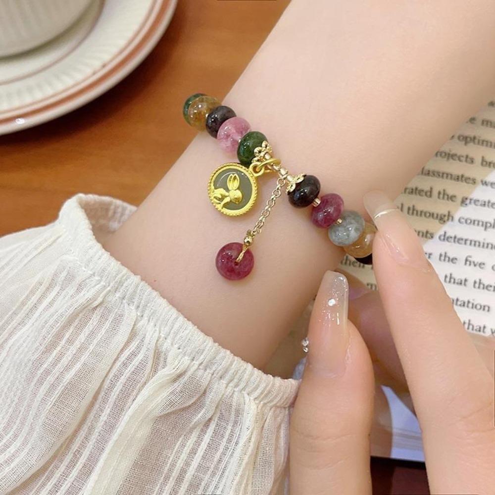 Colorful Bead String Bracelet Rabbit Pendant Beaded Hand Bangle Retro Stone Beads Bracelet Gifts