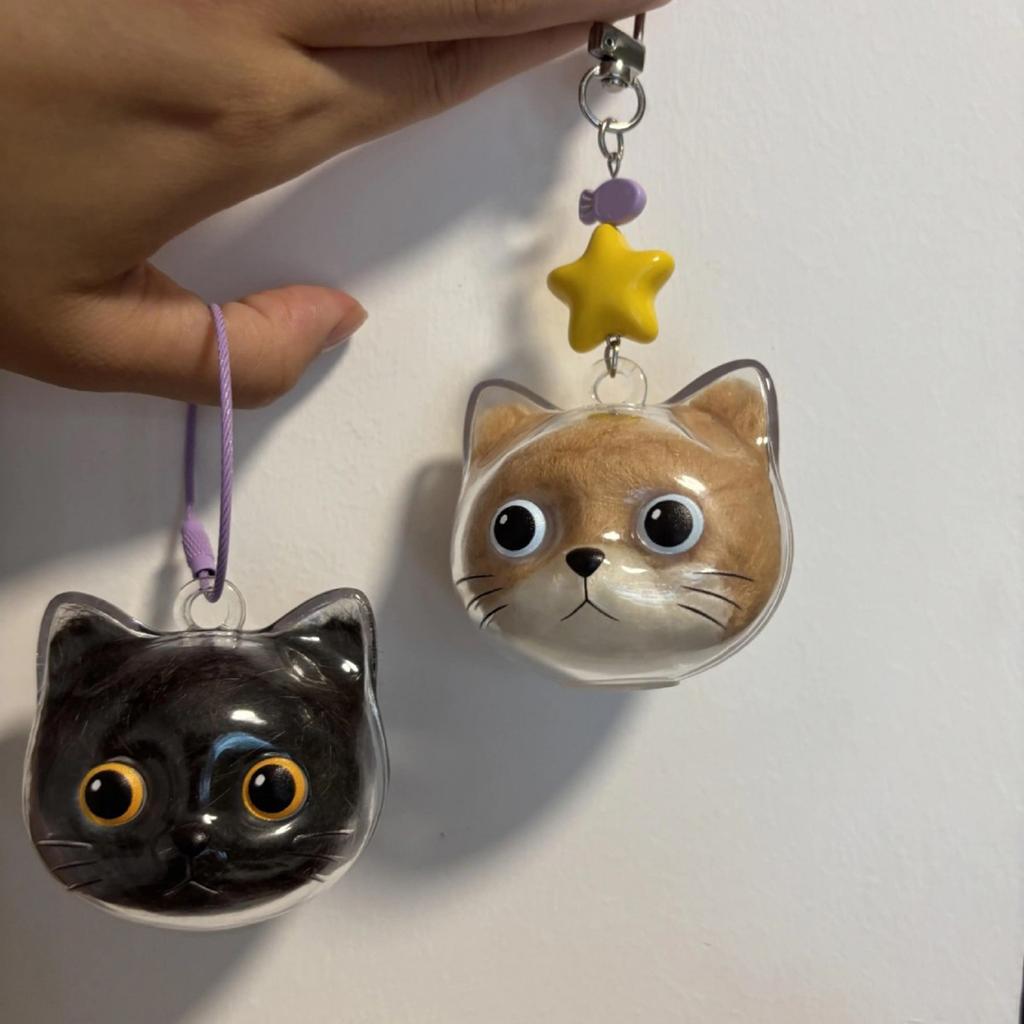 Clear Cat Head Shape Hair Keepsake Cats Furs Storage Box Keychain For Pet Memorial Jewelry Pendant With Metal Loop