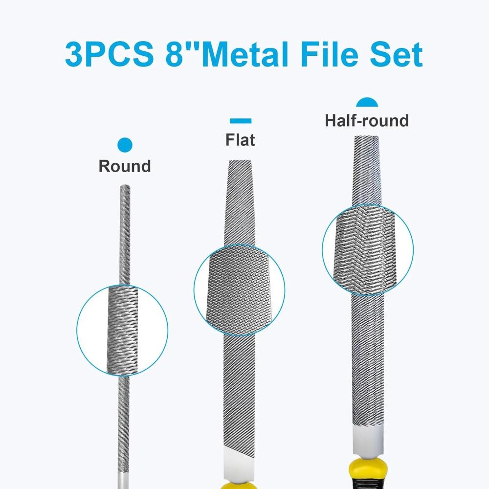 Metal File Set 3Pcs 8-Inch Flat Round Half-Round Files Durable Hand Files Work for Metal Wood Smoothing Shaping Deburring