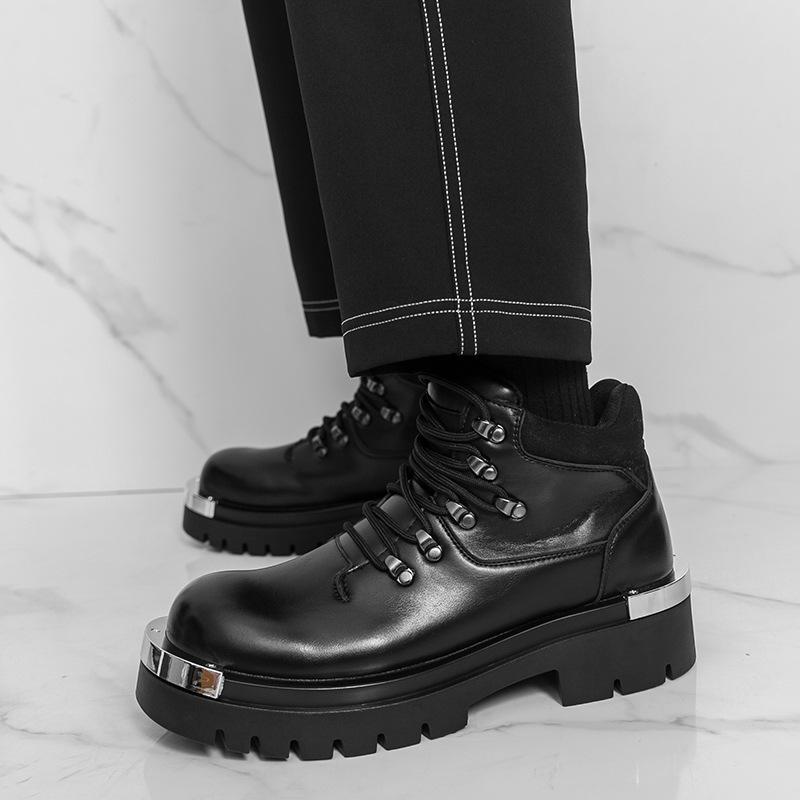 British style thick-soled black Martin boots European and American heightening locomotive short boots medium boots 2A 39 чёрный
