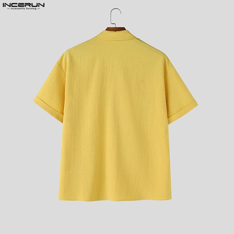 INCERUN Summer Tops Men V Neck Short Sleeve Casual Texture T-shirts