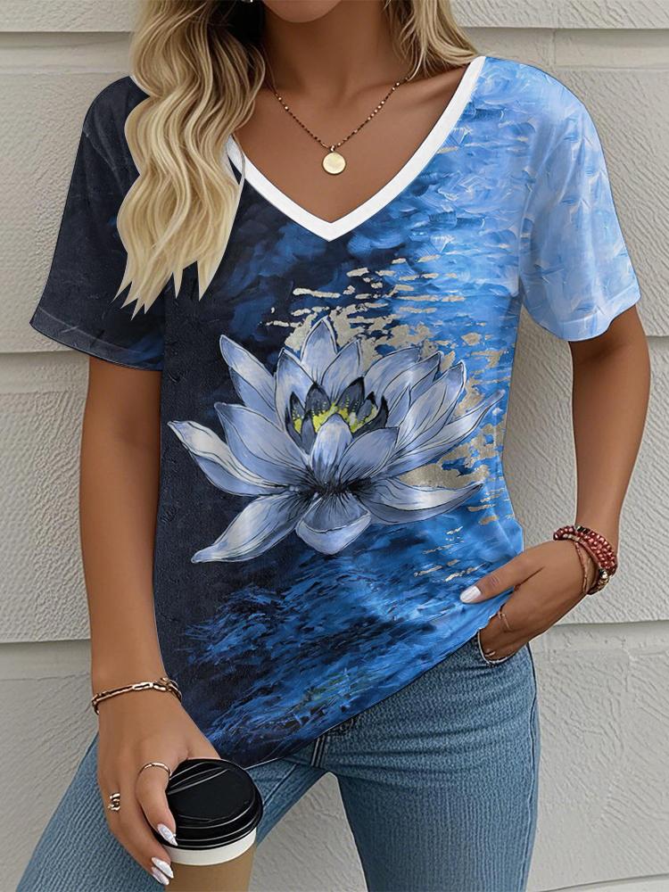 Flower Floral Painting 3D Print T-Shirts Women's V-Neck Short Sleeve T Shirt Y2K Oversized Tees Harajuku Tops Female Clothing