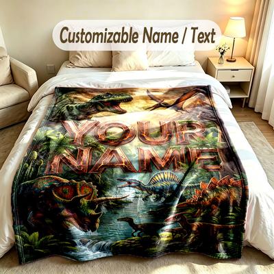 Dinosaur Theme Custom Blanket Personalized Name & Text Customized Soft Warm Throw Blanket Home Decor