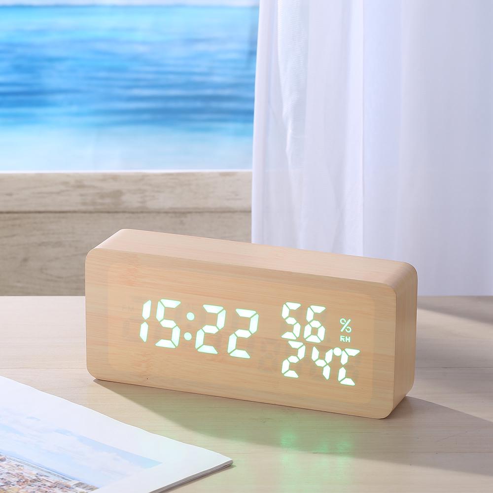 Wooden Alarm Clock 115-Colored Time/ Humidity/ Temperature/ Date Display Wood LED Digital Desk Clock Adjustable Brightness Voice Control Snooze