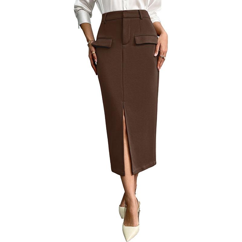 Falda Lápiz Elegante Casual de Oficina con Bolsillos y Abertura a Media Pierna para Mujer