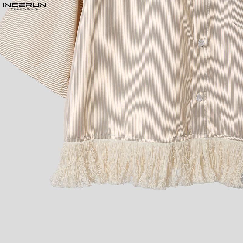 INCERUN Summer Men Short Sleeve Chain Decoration Striped Loose Casual Tassel Shirts Tops