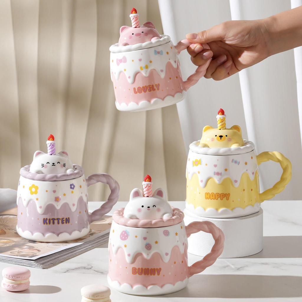 Cute Ceramic Cup with Lid, Spoon, and Straw – Perfect Birthday or Couple's Gift