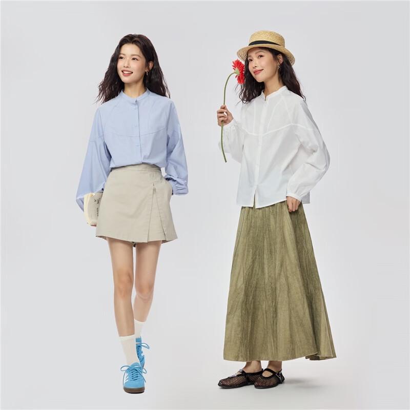 GIORDANO Women's Pure Cotton Stand Collar Lantern Sleeve Loose Shirt