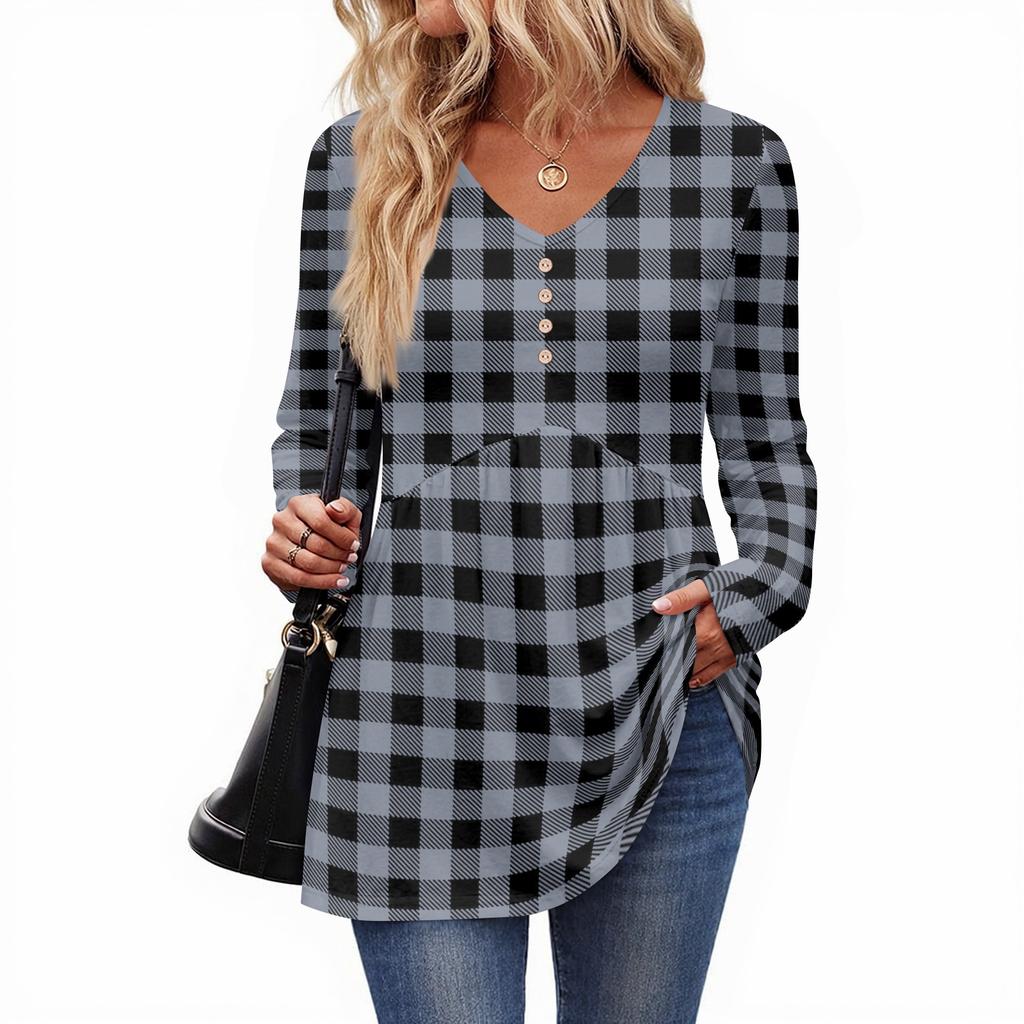 Women's Casual Fashion V-Neck Button Plaid Long Sleeve Top