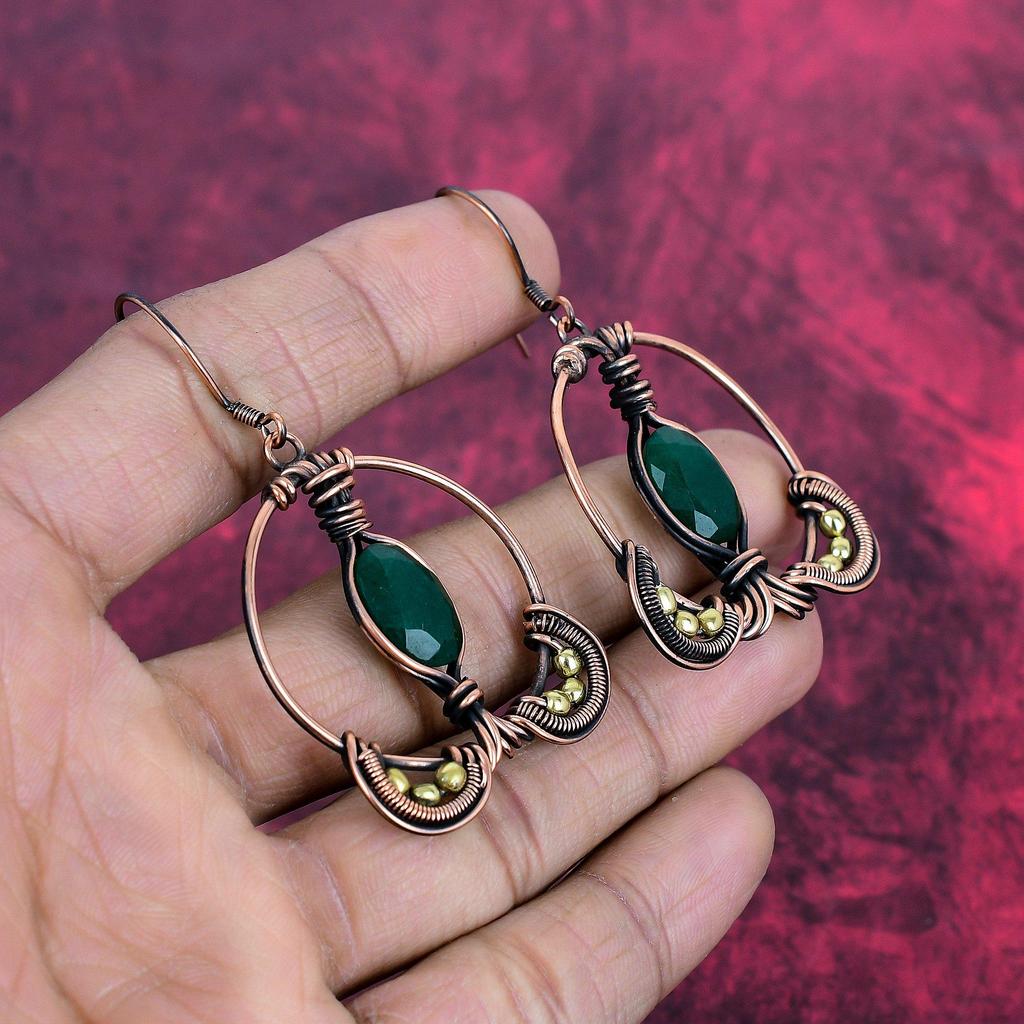 Faceted zambian emerald earring copper wire wrapped earrings handmade gemstone earring copper wire wrap jewelry gift for women drop earrings