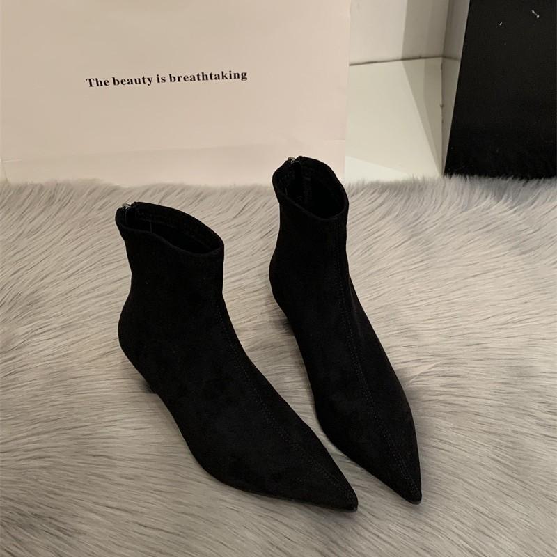 2025 Autumn and Winter Pointed Thin Heel Sexy Short Boots Women's Black Suede High Heel Socks Bare Boots Internet Celebrity Elastic Thin Boots