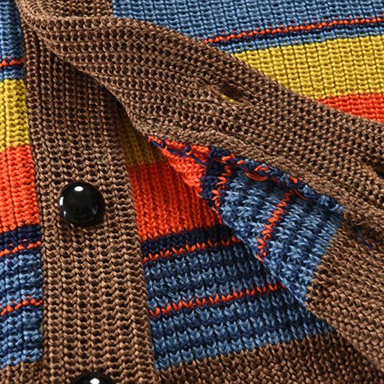 Color Matching Striped Loose Elastic Long Sleeve Lapel Single-breasted Buttons Men Fall Winter Knitted Cardigan Sweater Coat
