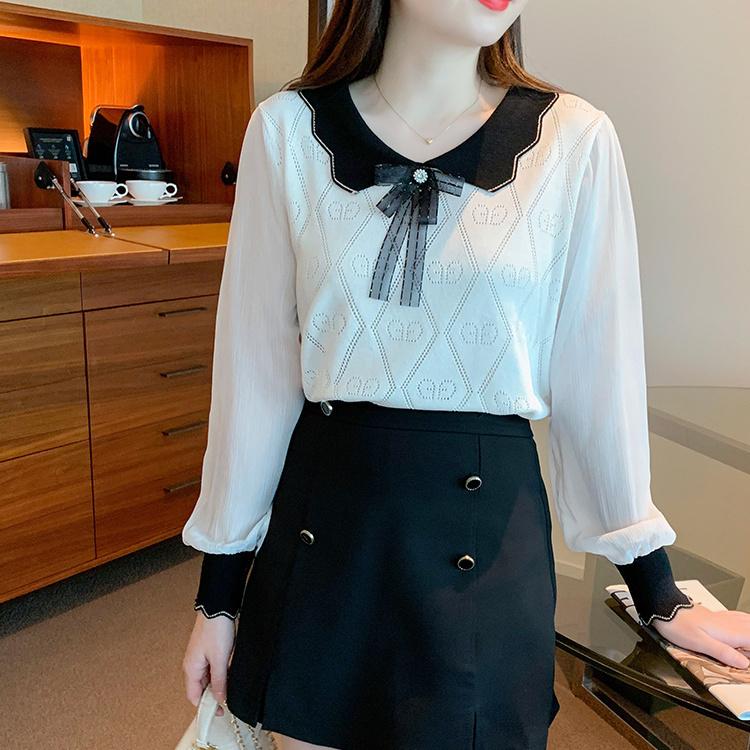 Кукольный воротник бант длинный рукав вязаный свитер для женщин весна и осень волнистый воротник цветные блоки модный универсальный топ S белый 2098₽