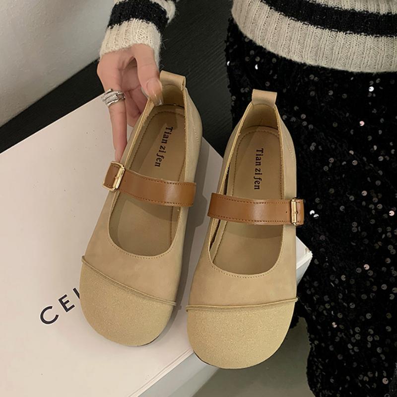

Retro Soft Bottom Shoes Women s Fashion Round Head Solid Colour Loafers Belt Buckle Non-slip Lightweight Comfortable Flats 35 бежевый