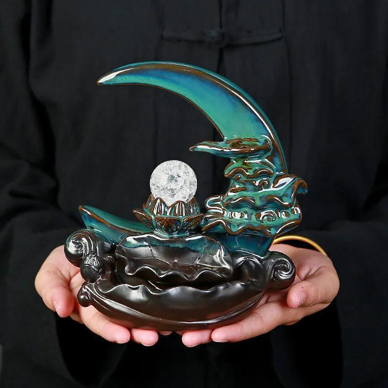 1pc Moonlight Over for Lotus Pond Ceramic Backflow Incense Burner – Elegant Crescent Moon & for Lotus Design,Handcrafted Decor