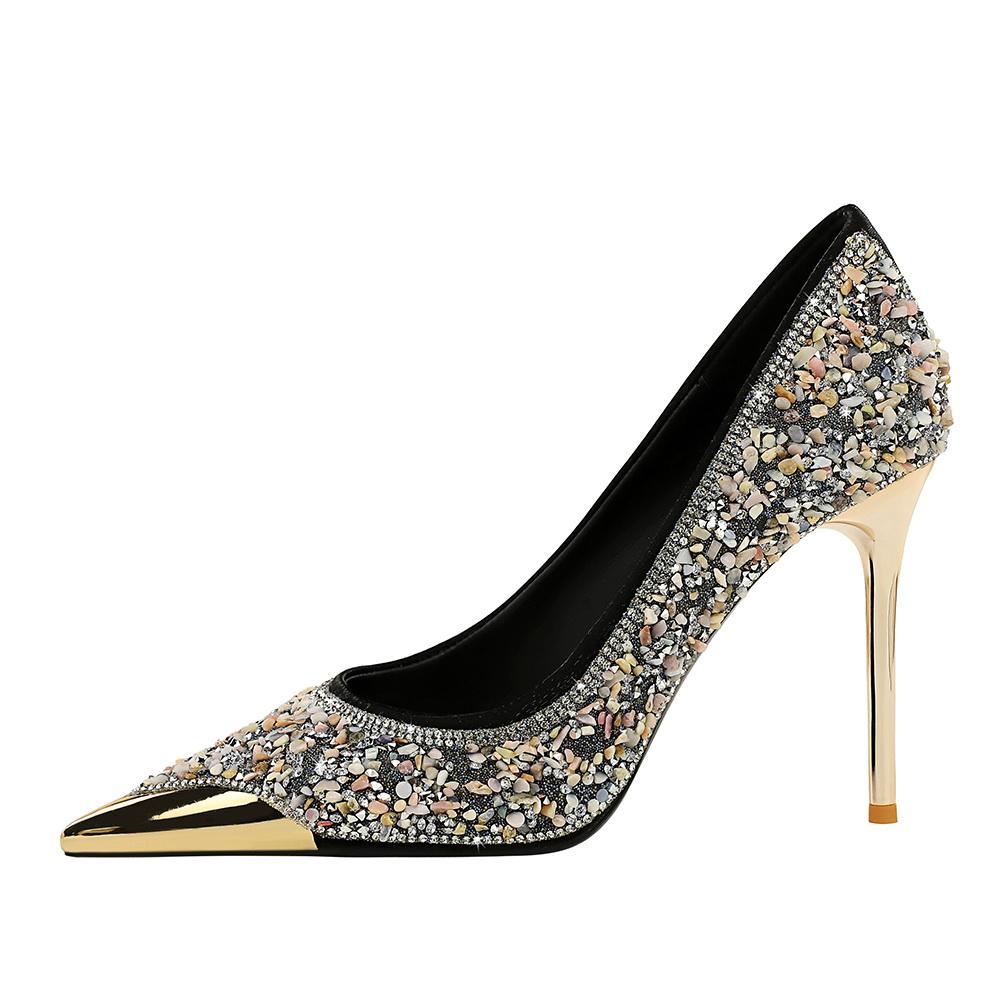 9.5CM Style Fine Heel Rhinestone High Heels Metal Pointed Women's Shoes Shallow Mouth One Pedal Crystal Single Shoes Women