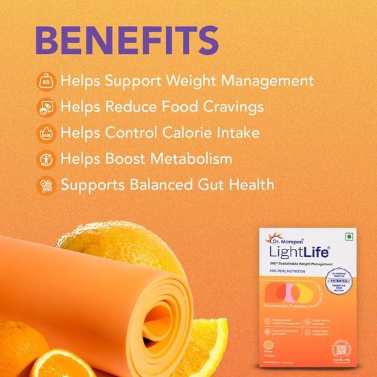 Dr. Morepen LightLife Pre-Meal Nutrition Mix | Controls Appetite & Reduces Cravings |For Men & Women | 60 Sachets | Flavor-Orange