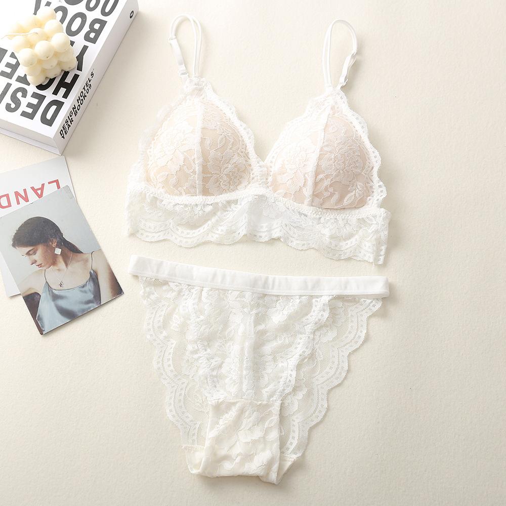 French triangle cup bra set female sexy beautiful back hollow lace two-piece set