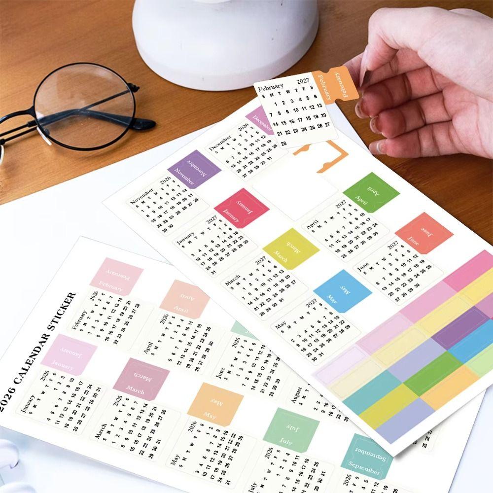 Diy Scrapbook 2026 Calendar Stickers 2 Sheets Cartoon Monthly Planner Stickers Self-adhesive Simple Calendar Tags