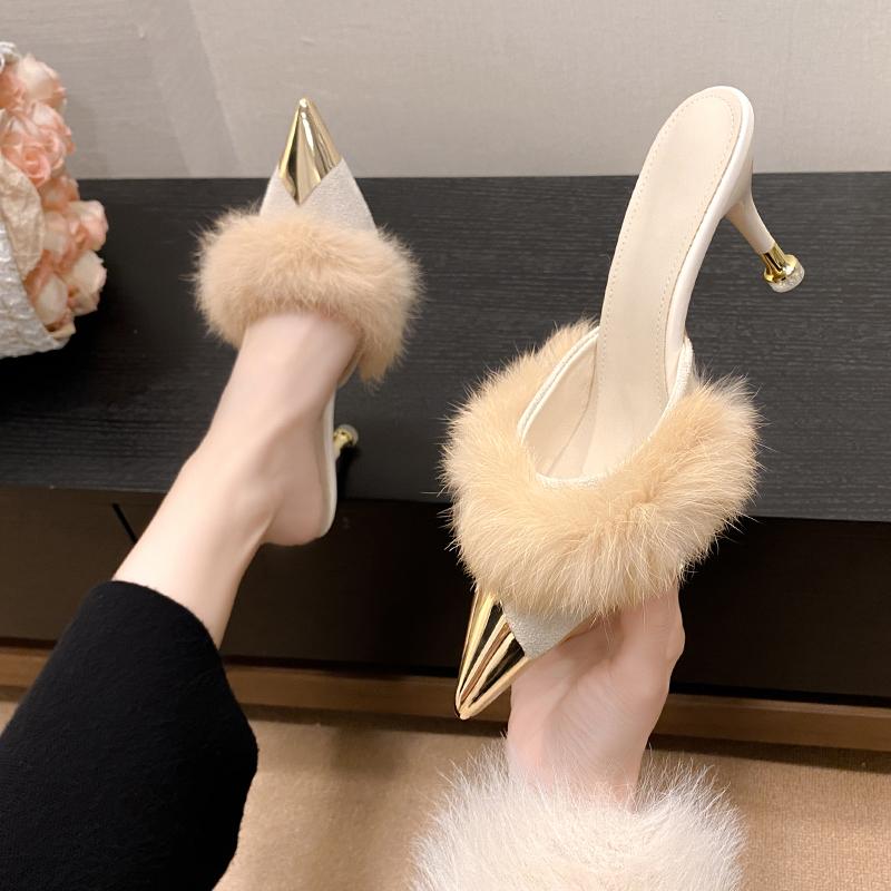 Fashion Women's Metal Pointed High Heels Spring Baotou Shallow Mouth Leather Cover Foot Anti-slip Wear-resistant Slippers