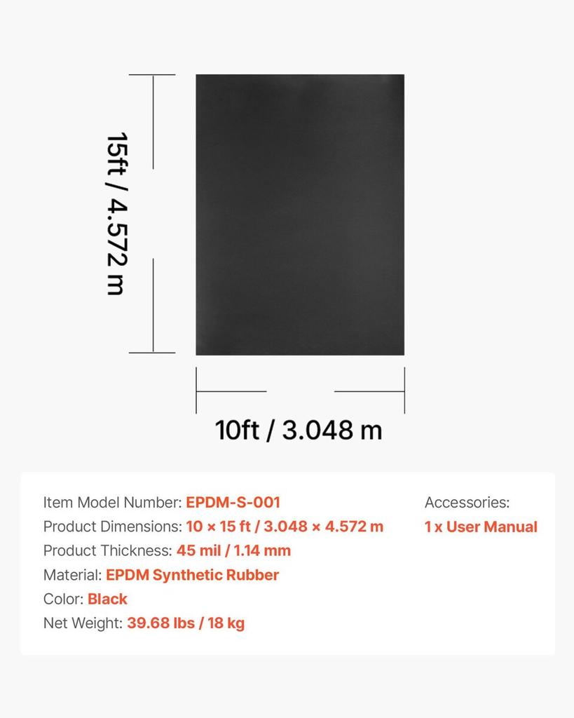 Roll Roofing, 10 X 15 Ft, 45 Mil EPDM Rubber Roofing, Long Lifespan & Weather-resistant, Withstands Harsh Temperatures, Flexible & Easy Installation,