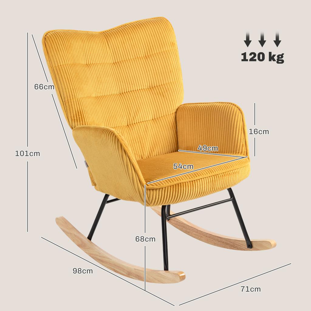 Vintage Rocking Chair, Curved Rockers, Thick Padding, Beech Wood & Steel, Yellow