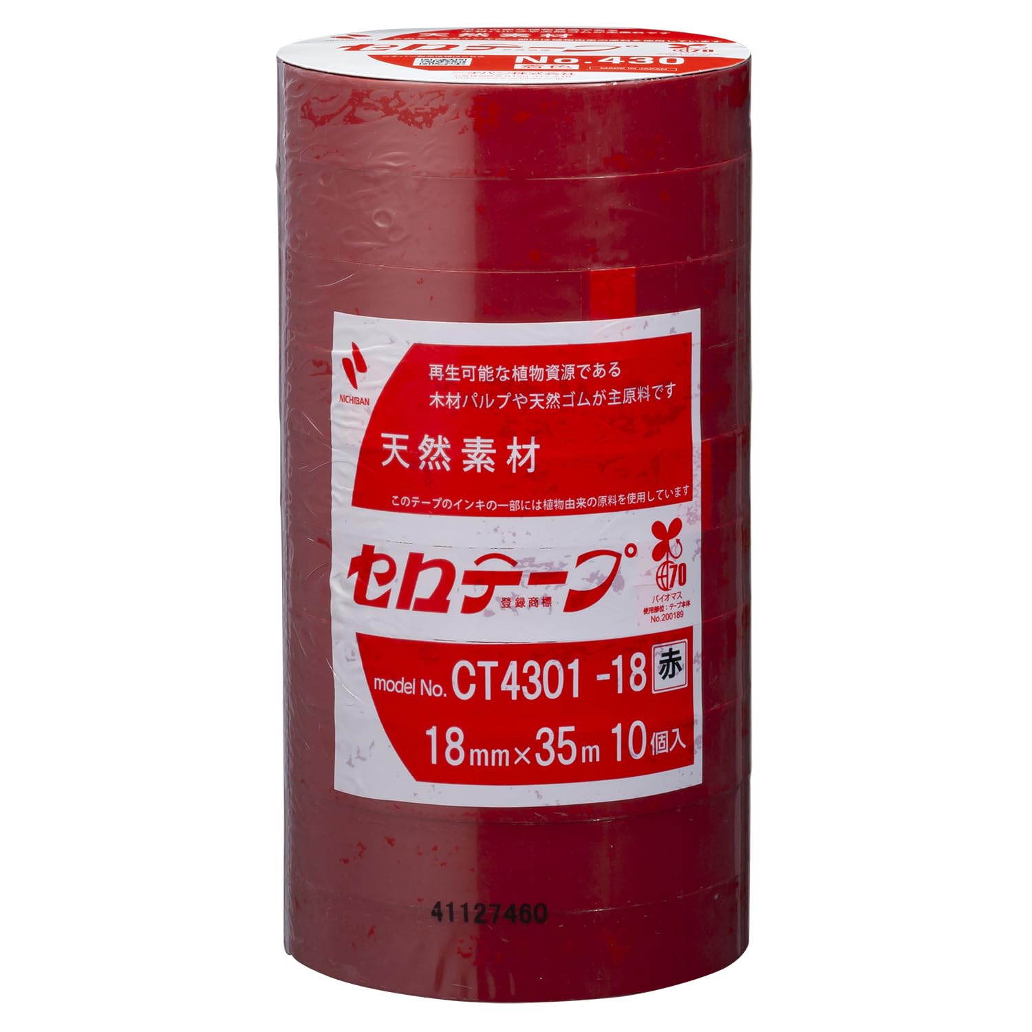 Nichiban Cellophane Tape No. 430, Large Roll, Colored Red, 10 Rolls, 18mm x 35m, CT4301-18
