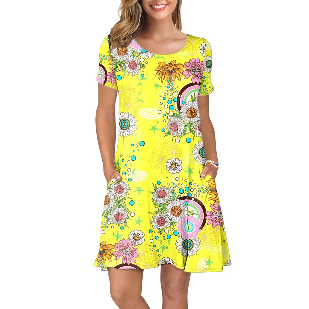 Dámské léto s krátkým rukávem slunečnice potištěné kapsy letní šaty ležérní swing šaty