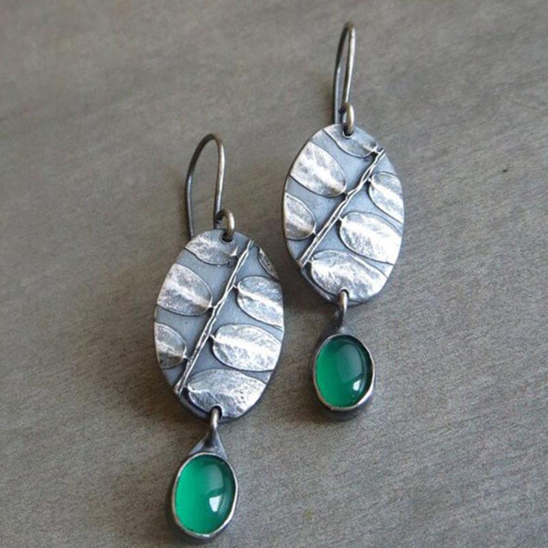 Ethnic style retro leaf inlaid emerald earrings medieval jewelry engraved metal personalized earrings earrings