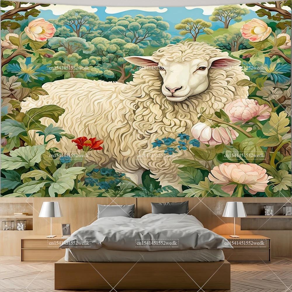 Sheep in Garden Tapestry Wall Hanging Animal Ram Sheep Deer Tapestry Aesthetic Room Decor Wallpapers For Bedroom Paintings
