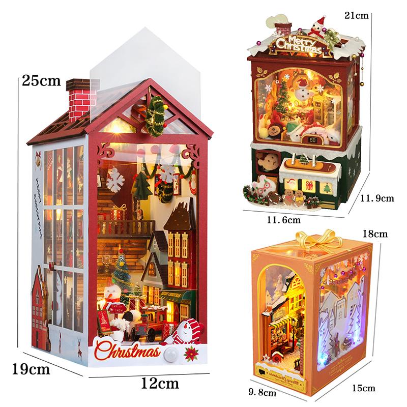 DIY Book Nook Wooden Christmas Doll House Kits Bookshelf Insert Decor With LED Light 3D Puzzle Assembly Model Bookend Xmas Gifts