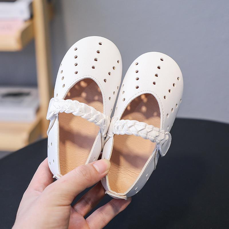 Girls Leather Shoes Spring Summer White Cut Out Versatile Kids Fashion Shallow PU Soft Casual Flats Shoes for School Hook & Loop