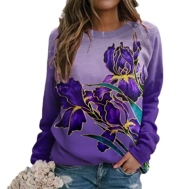 

Круглый вырез с принтом 3D цветов и растений, модные повседневные женские футболки с длинными рукавами XXL