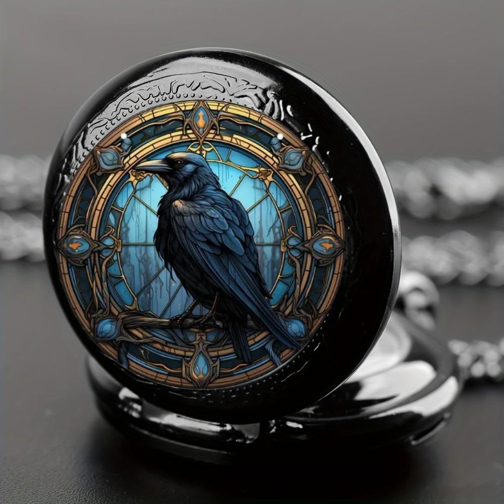 Unique Vintage Black Crow Mini Quartz Pocket Watch,Necklace Pendant With World Time Feature, Ideal Gift For Men & Women and Kids